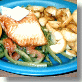 Lachs auf Bohnen Tomaten Gemüse